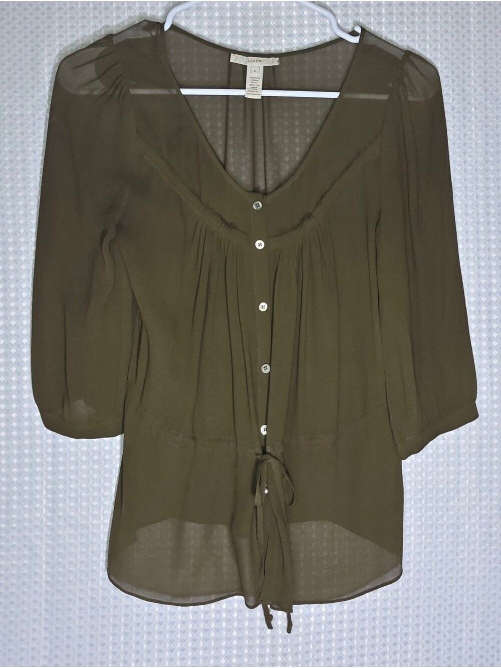 J.Crew Sheer Silk Blend Tie Front Blouse | Olive Quiet Luxury Office Chic Top 4 - Picture 7 of 9